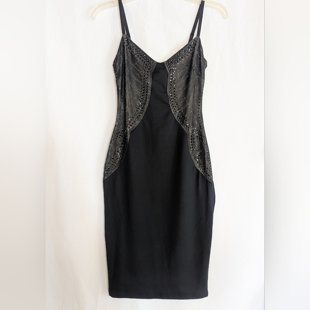 Bebe XS sparkly Bodycon Evening event black dress Sexy over knees
